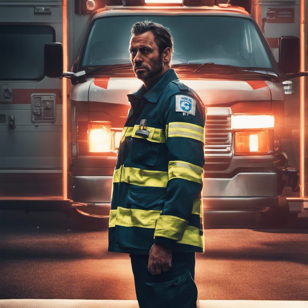 Paramedic in Glowing Vignette: Hyperrealistic Ambulance Scen...