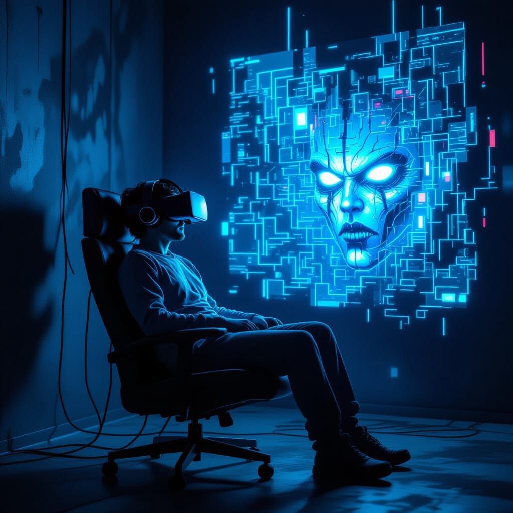 Cyberpunk VR Horror: Figure Lost in Nightmarish Digital Laby...