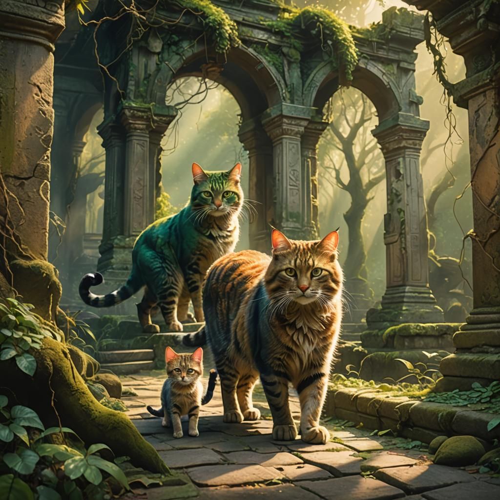 Mother and Daughter Cats Amidst Emerald Temple Vines