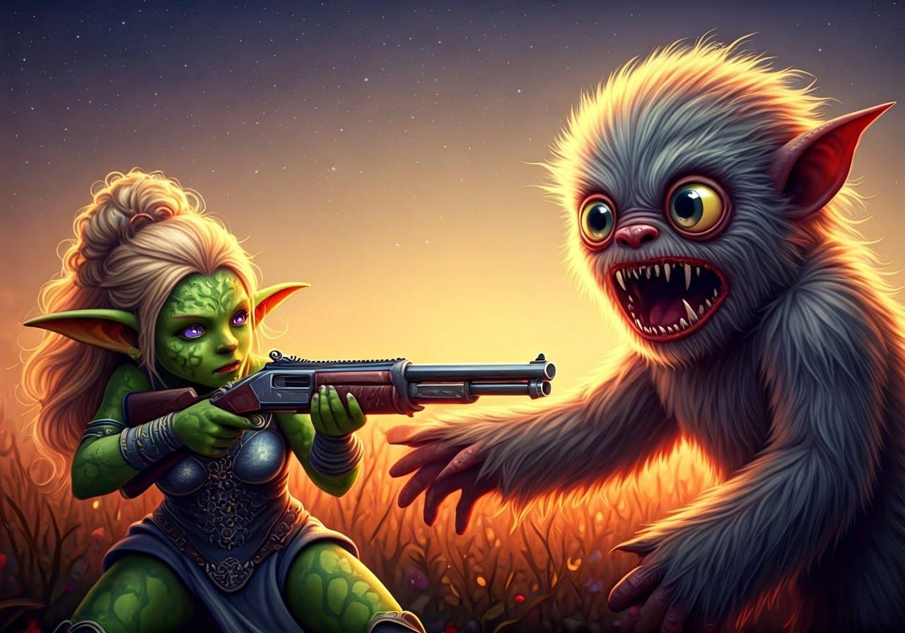 Whimsical Hybrid Maiden Battles Feral Monster in Dreamlike S...