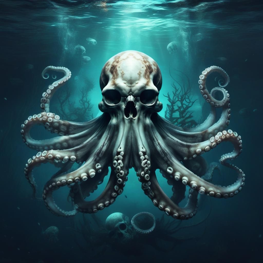 Octopus Wears Human Skull in Dark Submerged Realm