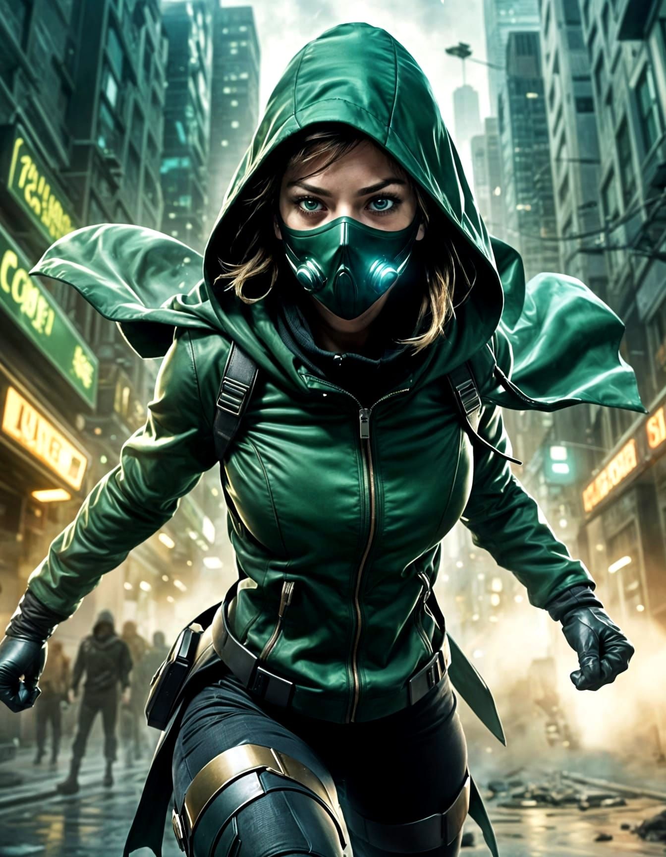 Hyperreal Futuristic Superhero in Dark-Green Hooded Coat