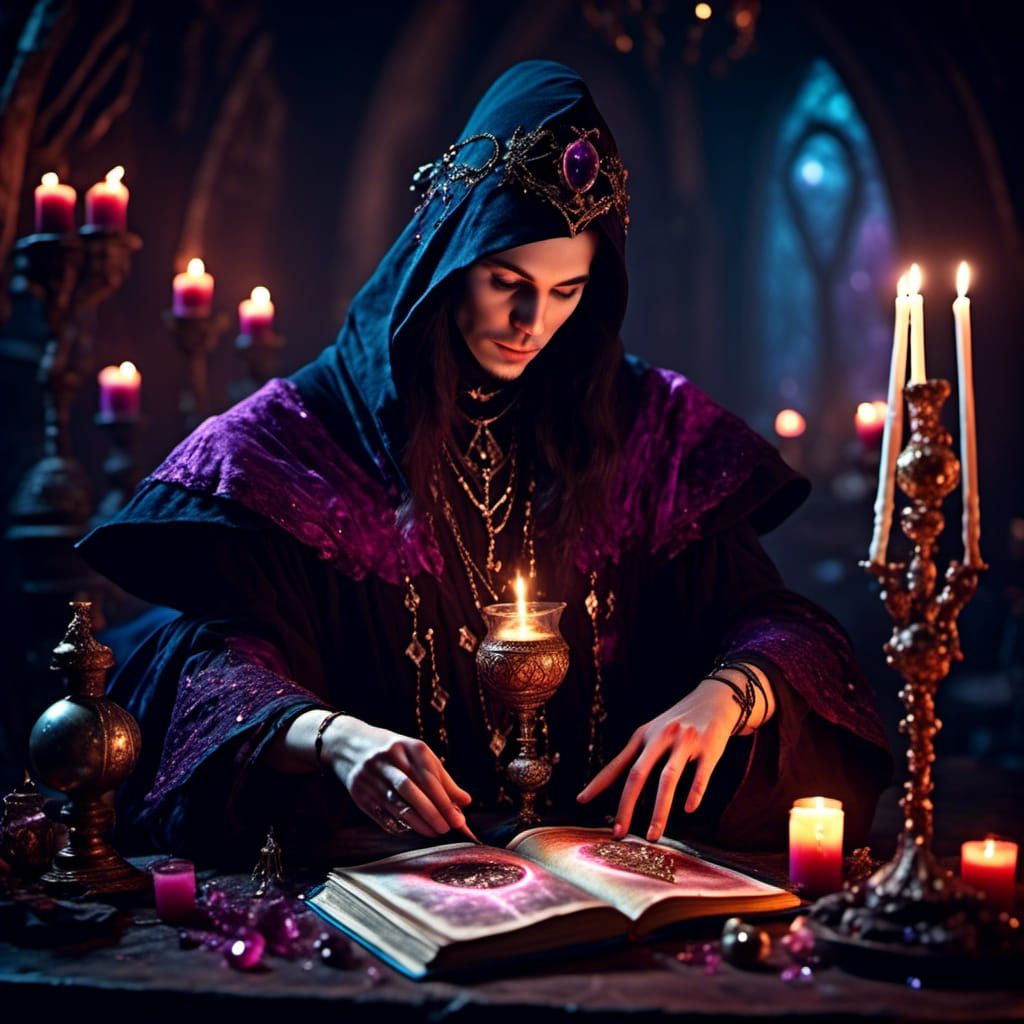 Elegant mage watching how to make a love potion