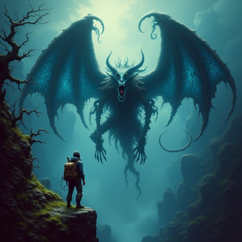 Ethereal Dragon in Dark, Ominous Landscape with Iridescent W...