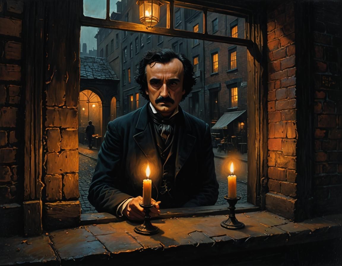 Melancholic Poe Stares Through Bakery Window in Moody Oil Pa...