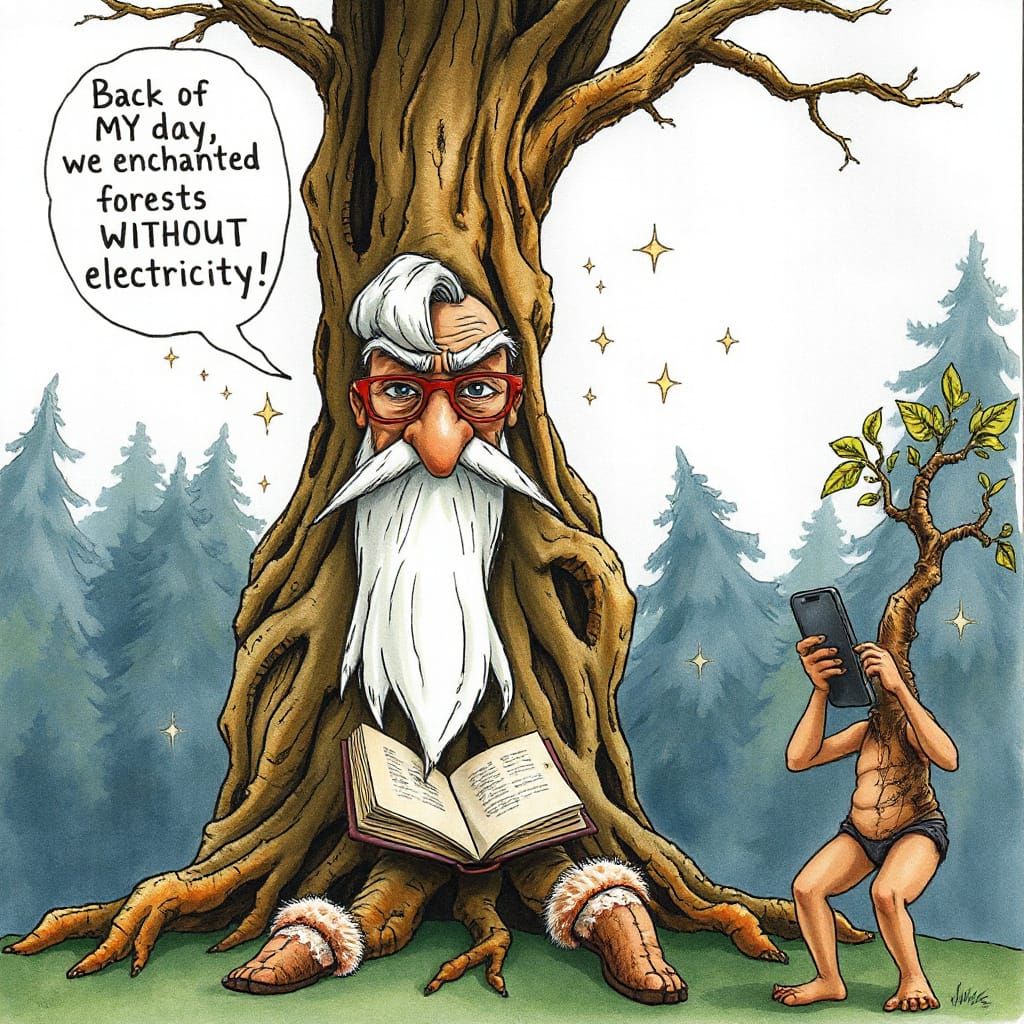 Grumpy Wizard Tree Floats Magical Spellbook in Vibrant Story...