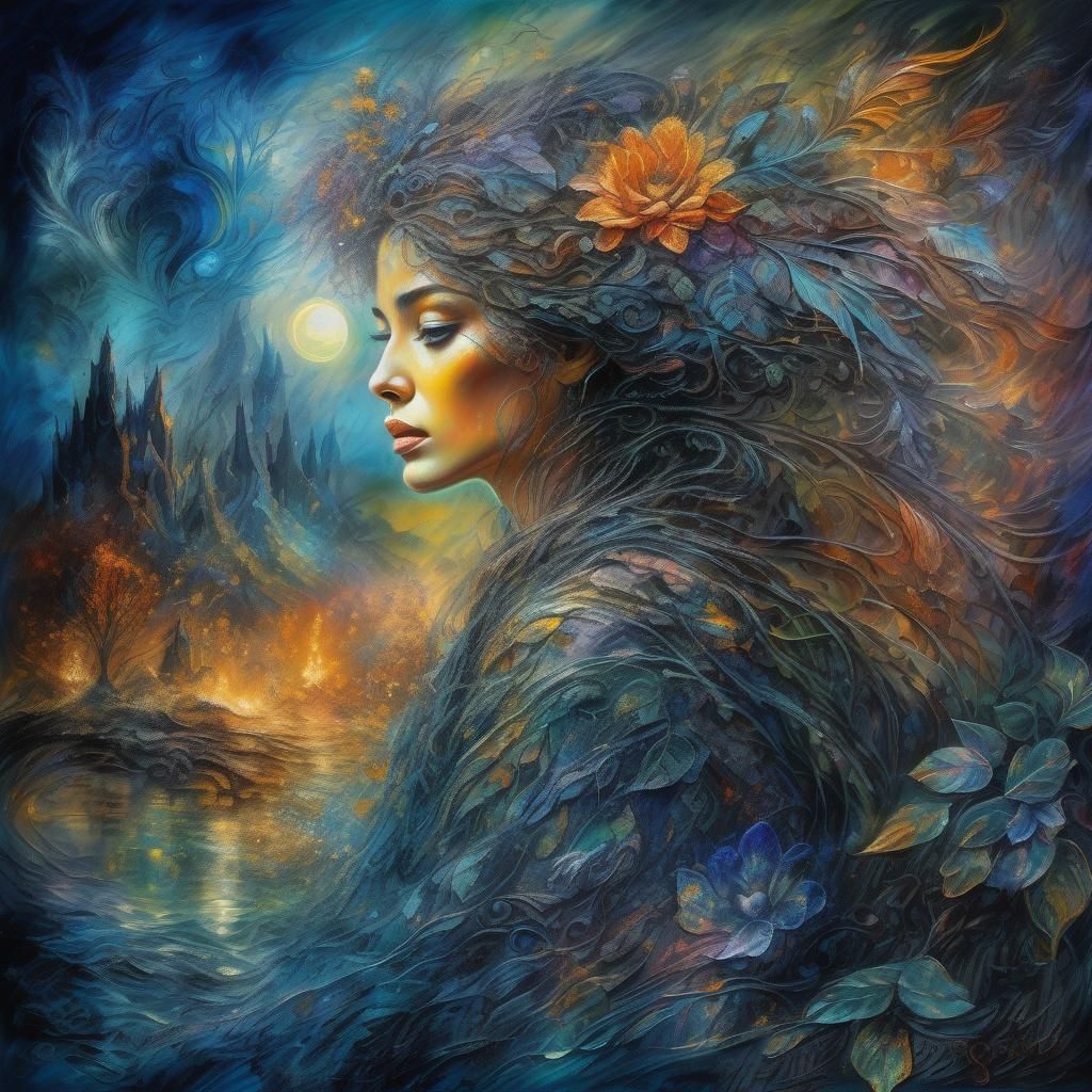 Dark Botanical Fantasy Portrait in Rich Tempera Texture