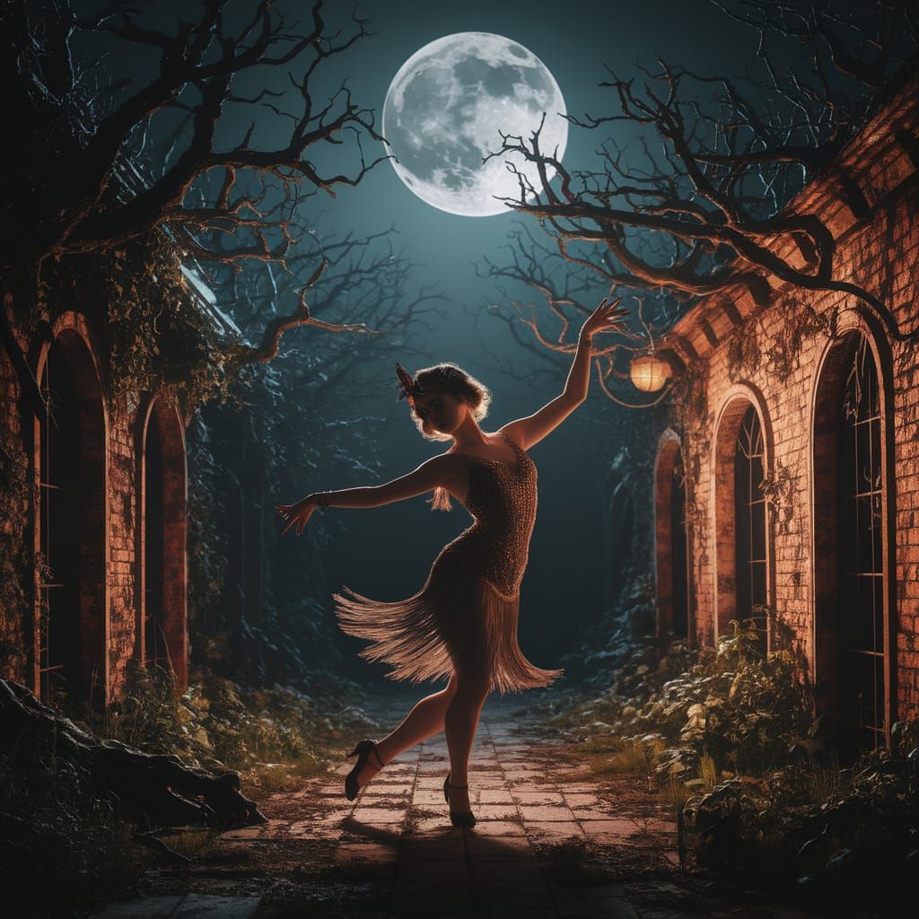 Flapper Girl Dancing in Eerie Moonlight Garden