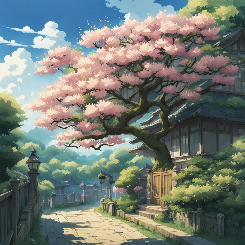 Blossoming Magnolia in Vibrant Studio Ghibli Style