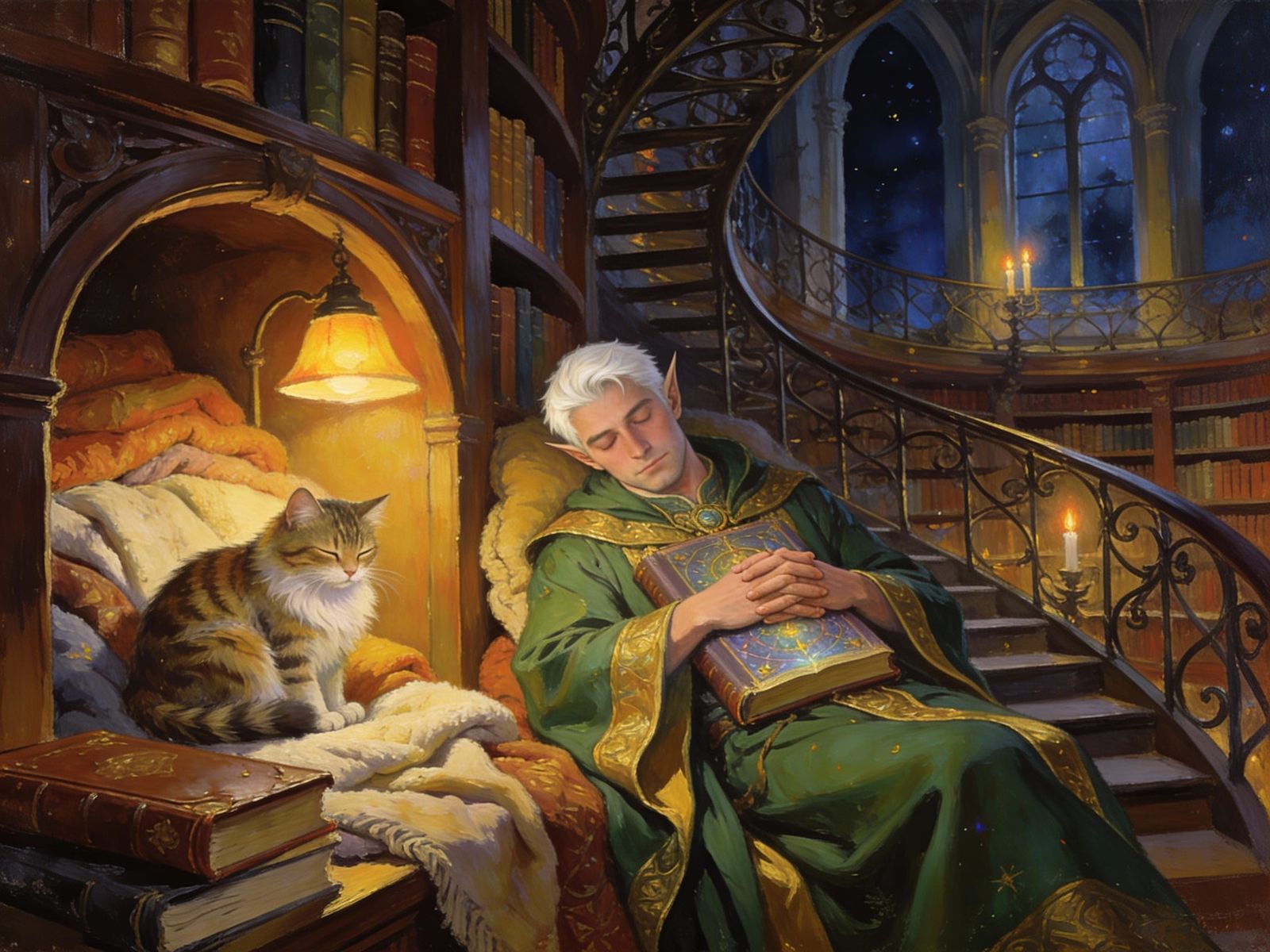 Fluffy Cat in Magical Library with Sleeping Elf Wizard