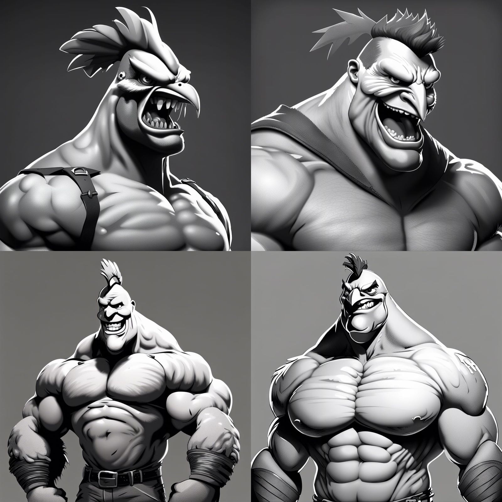 Human head, chicken body. 5 o'clock shadow. Giant Jaw. Burly, Ripped, Muscular . Large Chin. In chicken costume. Greysca...
