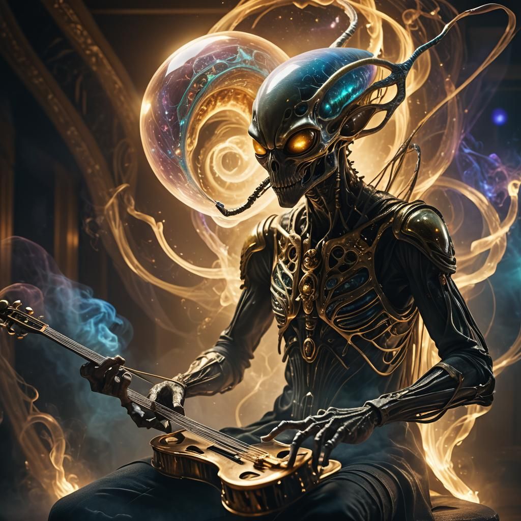 Surreal Alien Musician in Smoky Ambiance