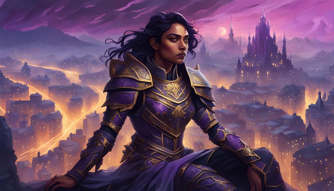 Victorious Bronze Goddess in Epic Fantasy Cityscape
