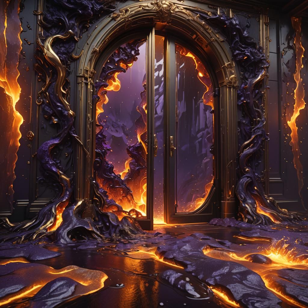 Molten Lava Erupts from Glass Door in Golden Darkness