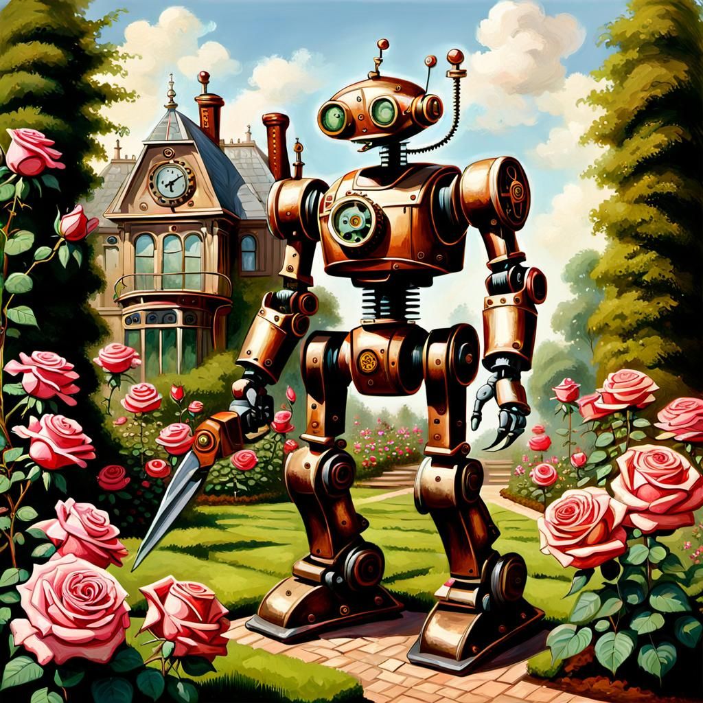 Steampunk Rose Gardener in Victorian Mansion Gardens