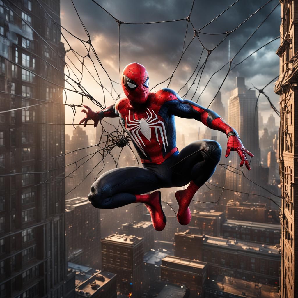 Epic Black Spider Man Swings through City in Vibrant Fantasy...