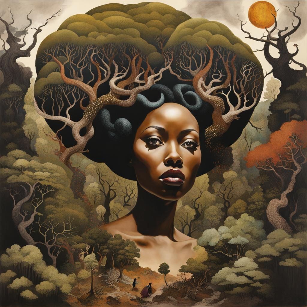 Ancient, Dark Forest in Vibrant Collage Style