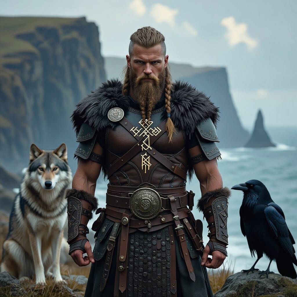 Viking Warrior with Runes, Wolf, and Raven