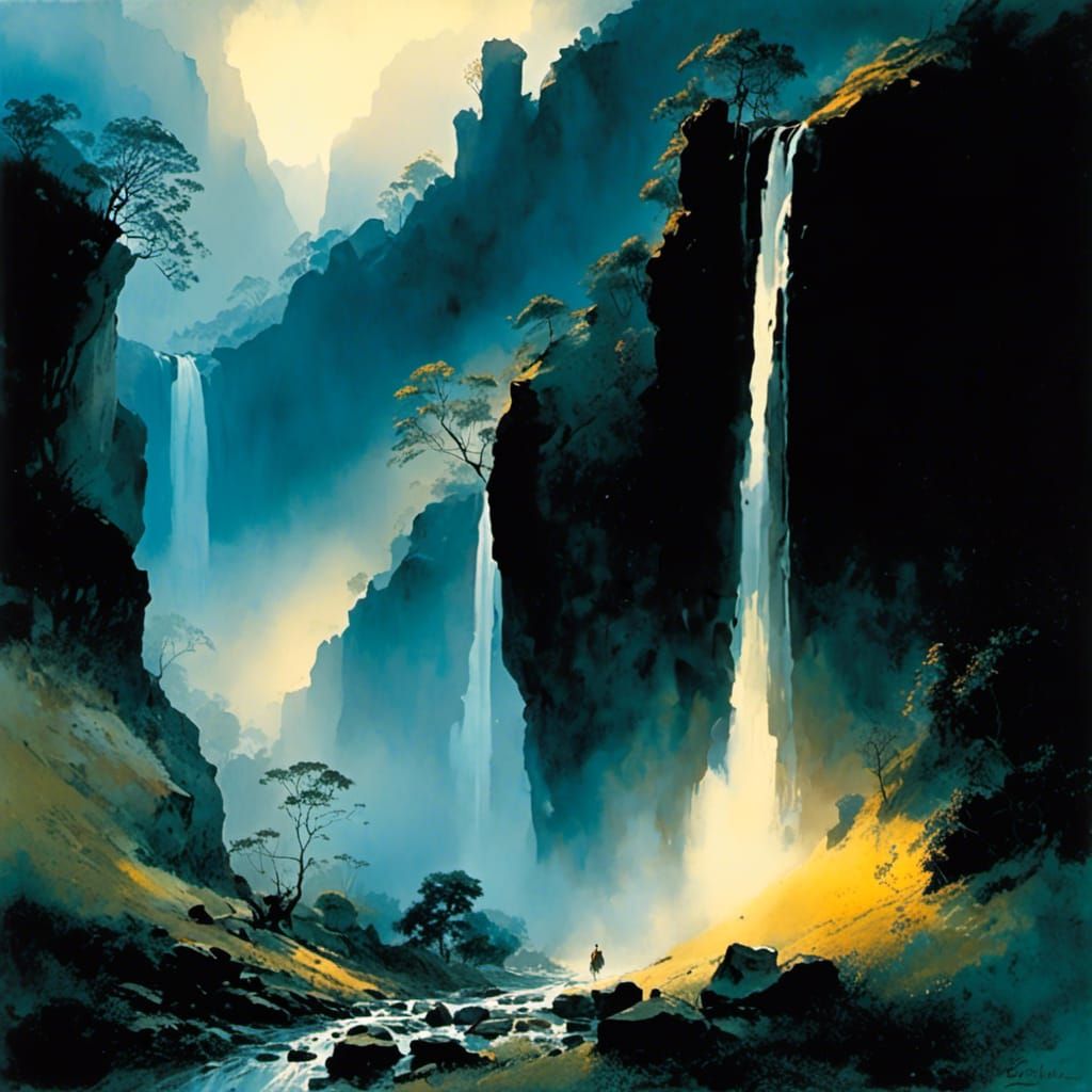 Stunning Sunrise Waterfall in a Misty Valley, in Intricate a...