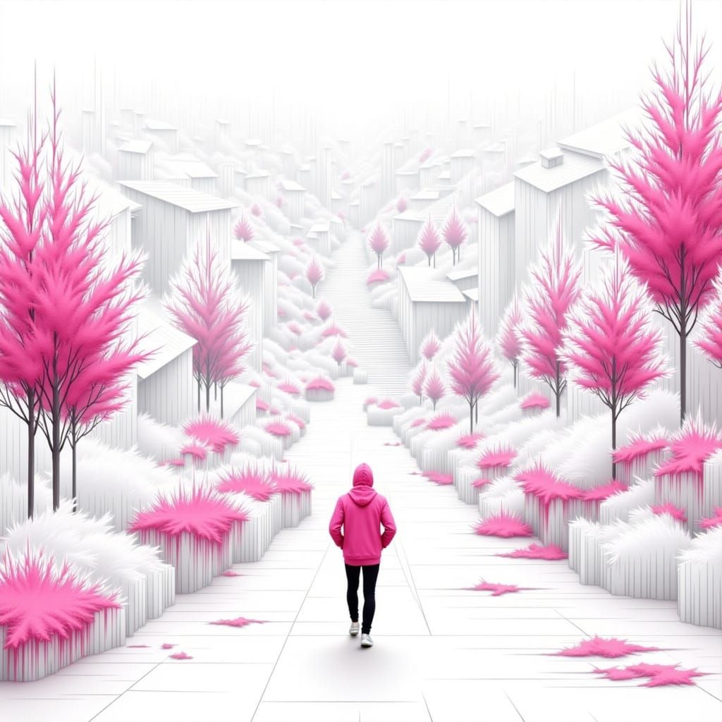 Surrealist Pink Cityscape with Impossible Geometry