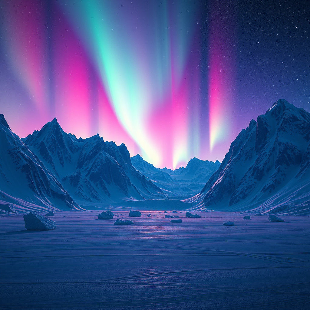 Ethereal North Pole Nightscape with Dancing Auroras