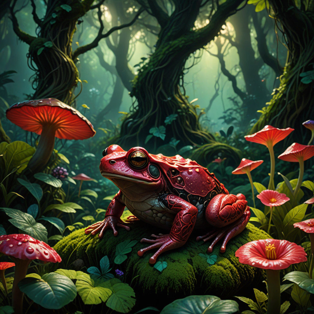 Fantasy Frog on a Glowing Mushroom Amidst the Mystical Fores...