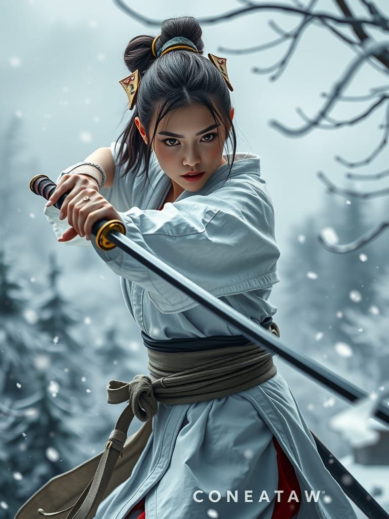 Curvy Japanese Warrior in Misty Winter Forest