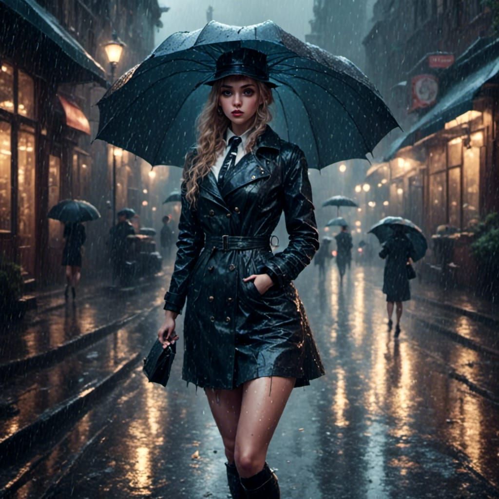 Retro Rockabilly Model Walks in Rainy City Streets