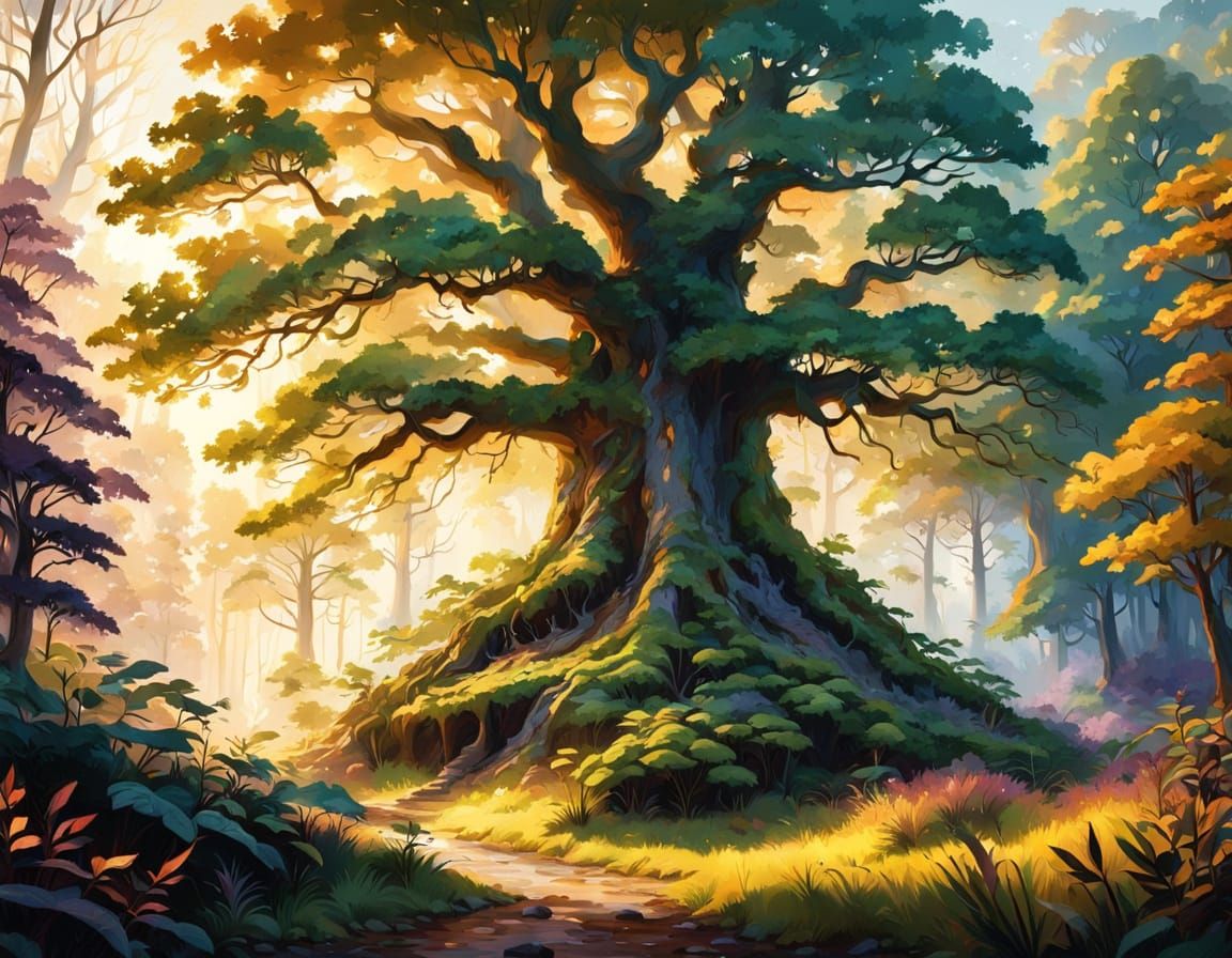 Jewel Toned Forest Glade in Vibrant Oil Painting Style