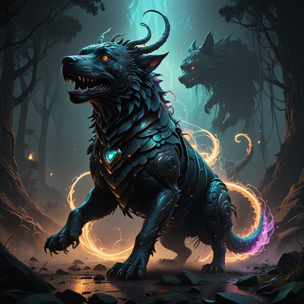 Serpent Dog Emerges from Luminous Vortex in Midnight Black