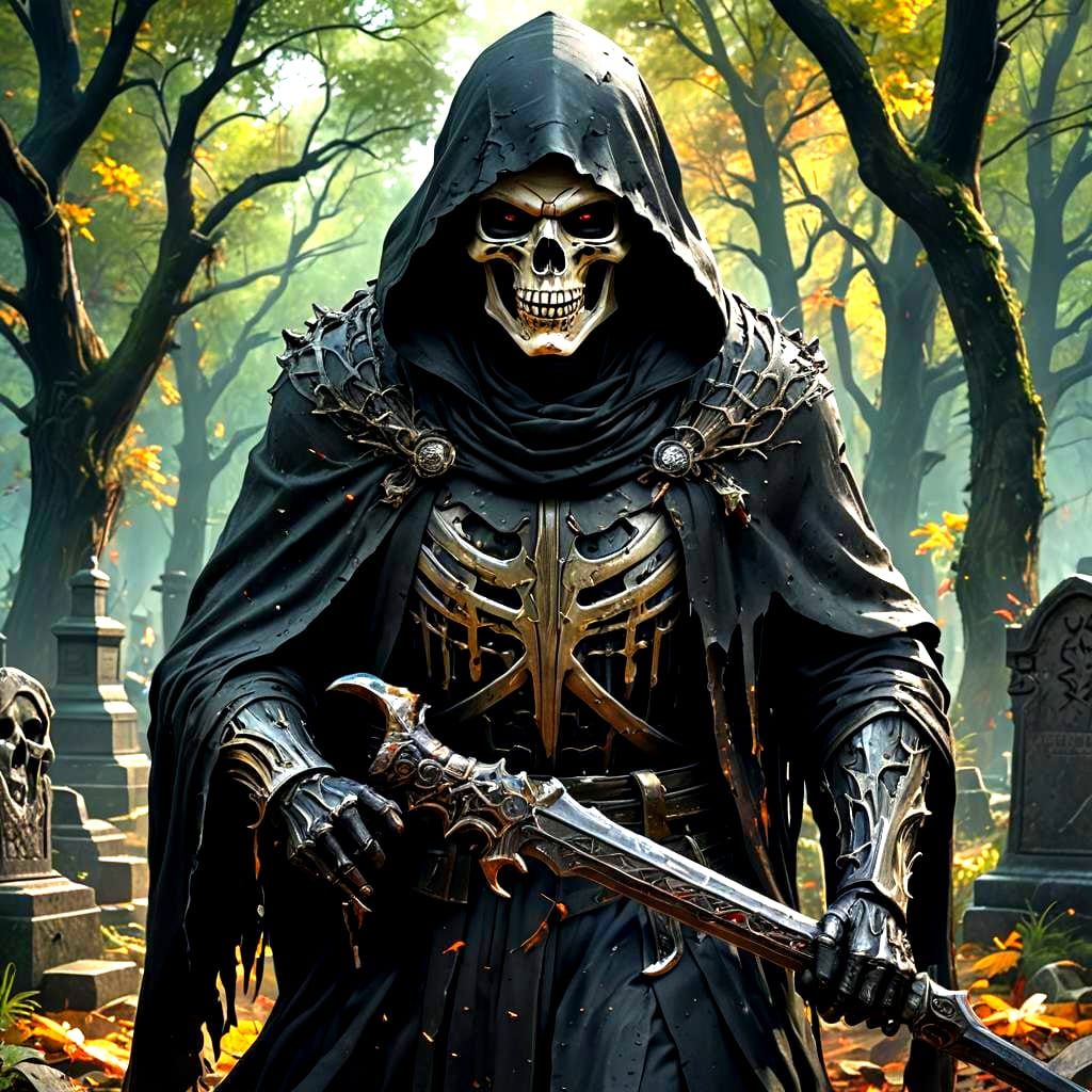 Hyperrealistic Portrait of a Dark Reaper in a Colorful Grave...