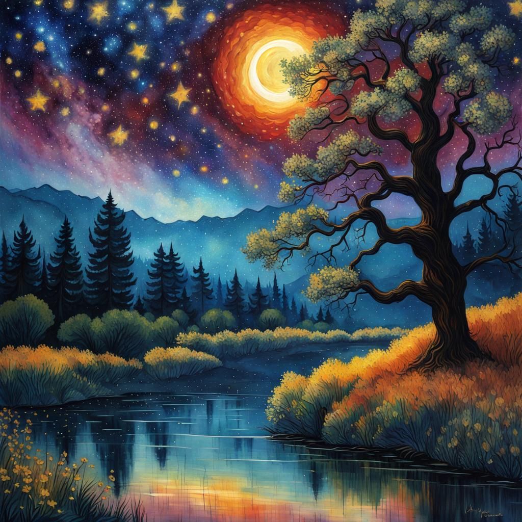Ethereal High Gothic Watercolor Painting of a Starry Night S...
