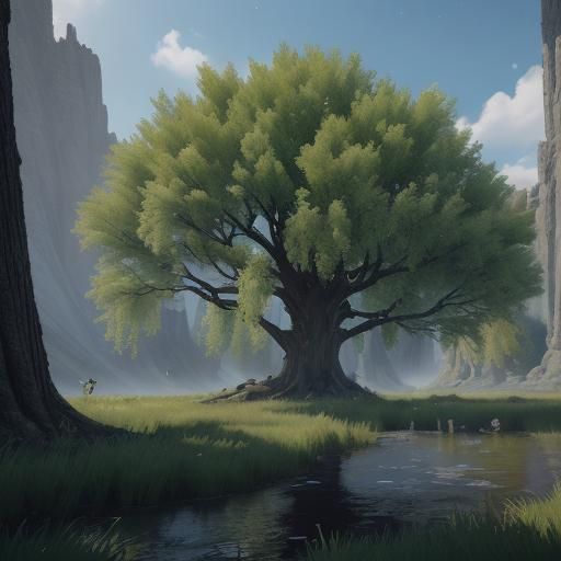Majestic Willow Tree in Epic 3D Game Cinematic Style
