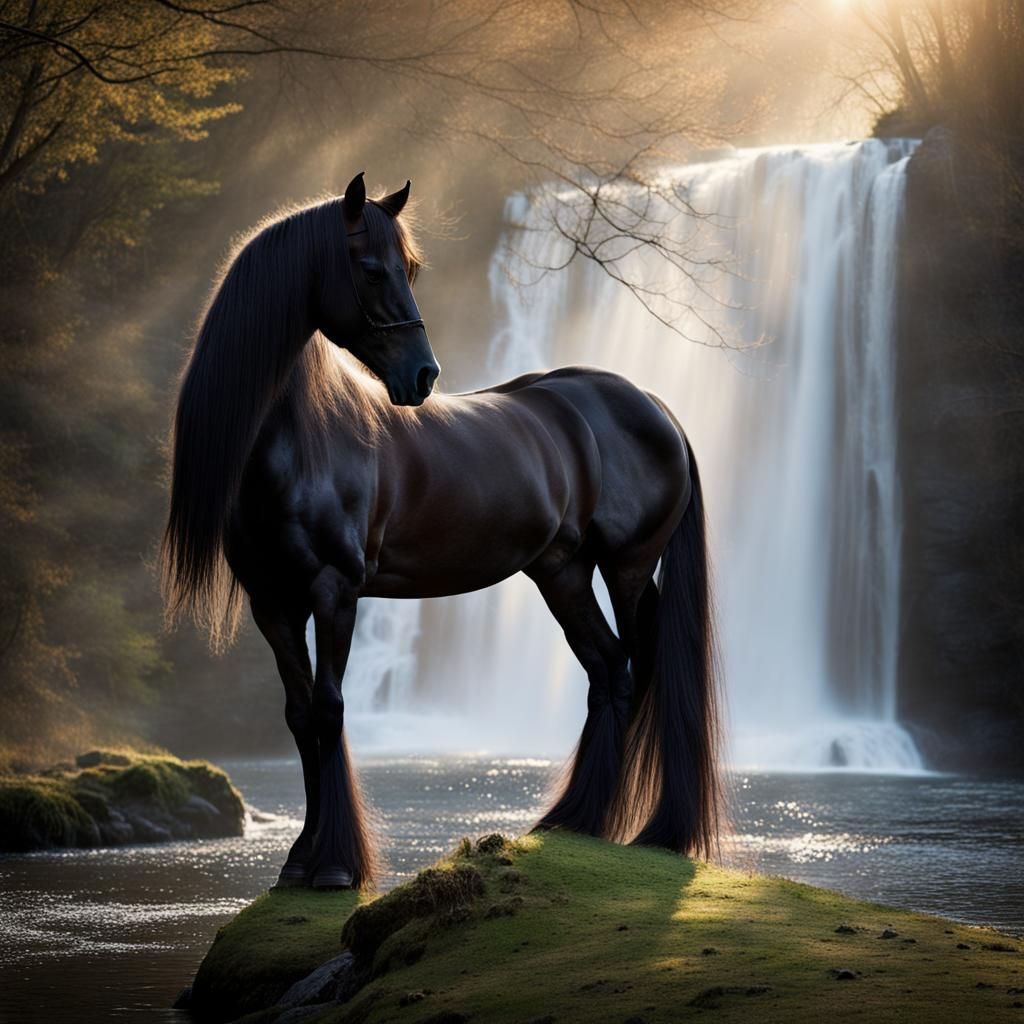 Majestic Friesian Horse in an Enchanted Waterfall Scene
