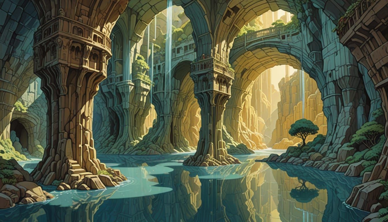 Vast Underground City in Watercolor Style