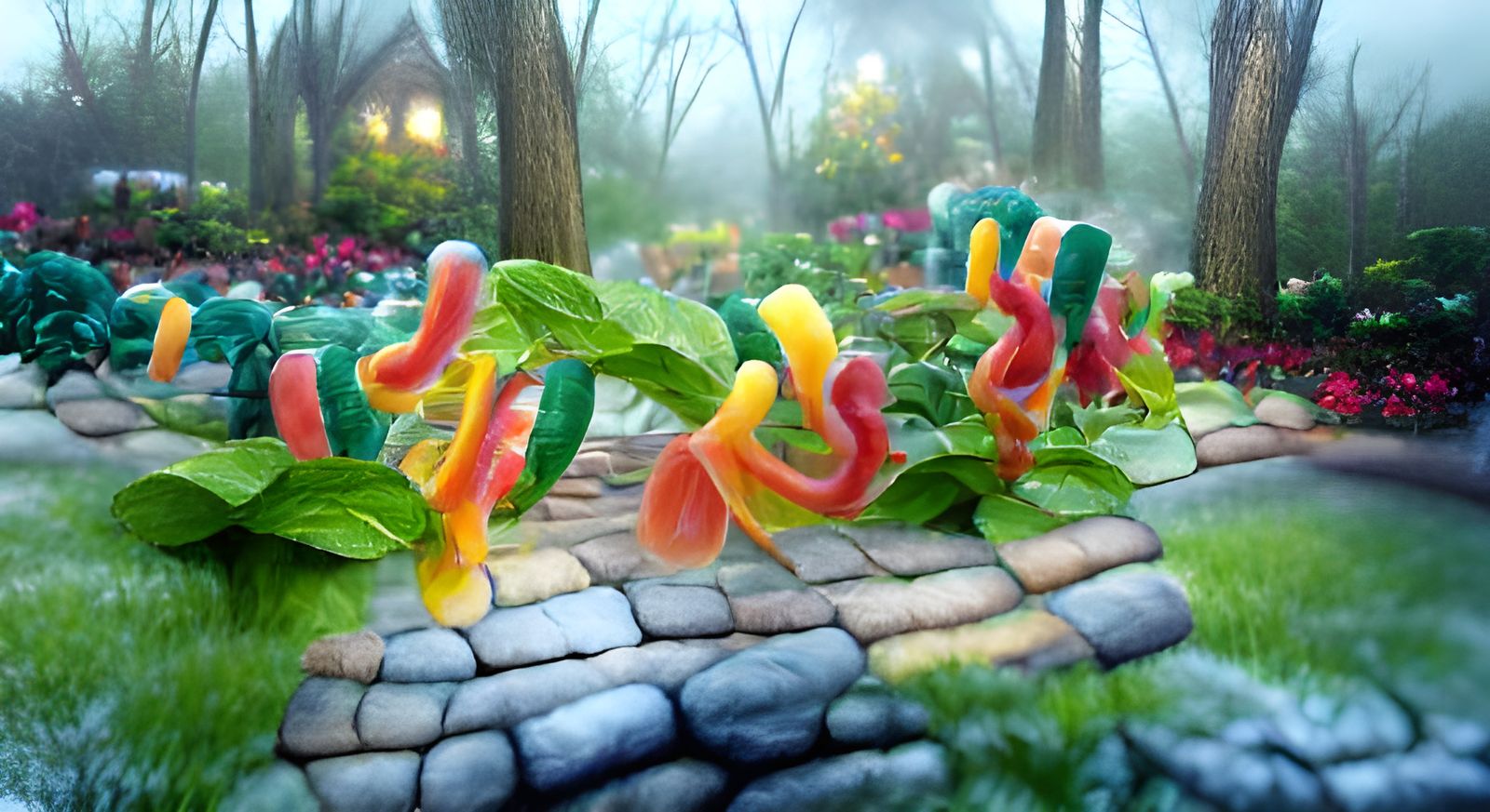 Ethereal Gummy Worms Dance Under Mystical Garden Lights
