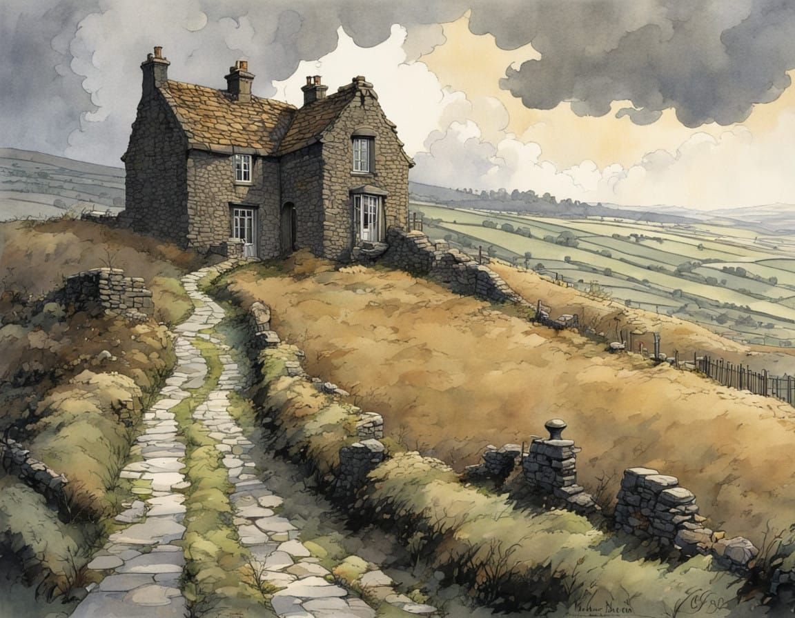 Misty Yorkshire Moor Landscape with Decadent House