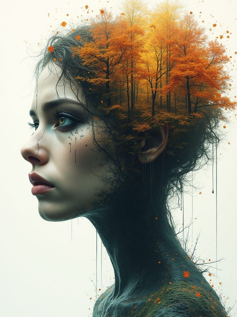 Sorrowful Face Merged with Autumn Forest Landscape