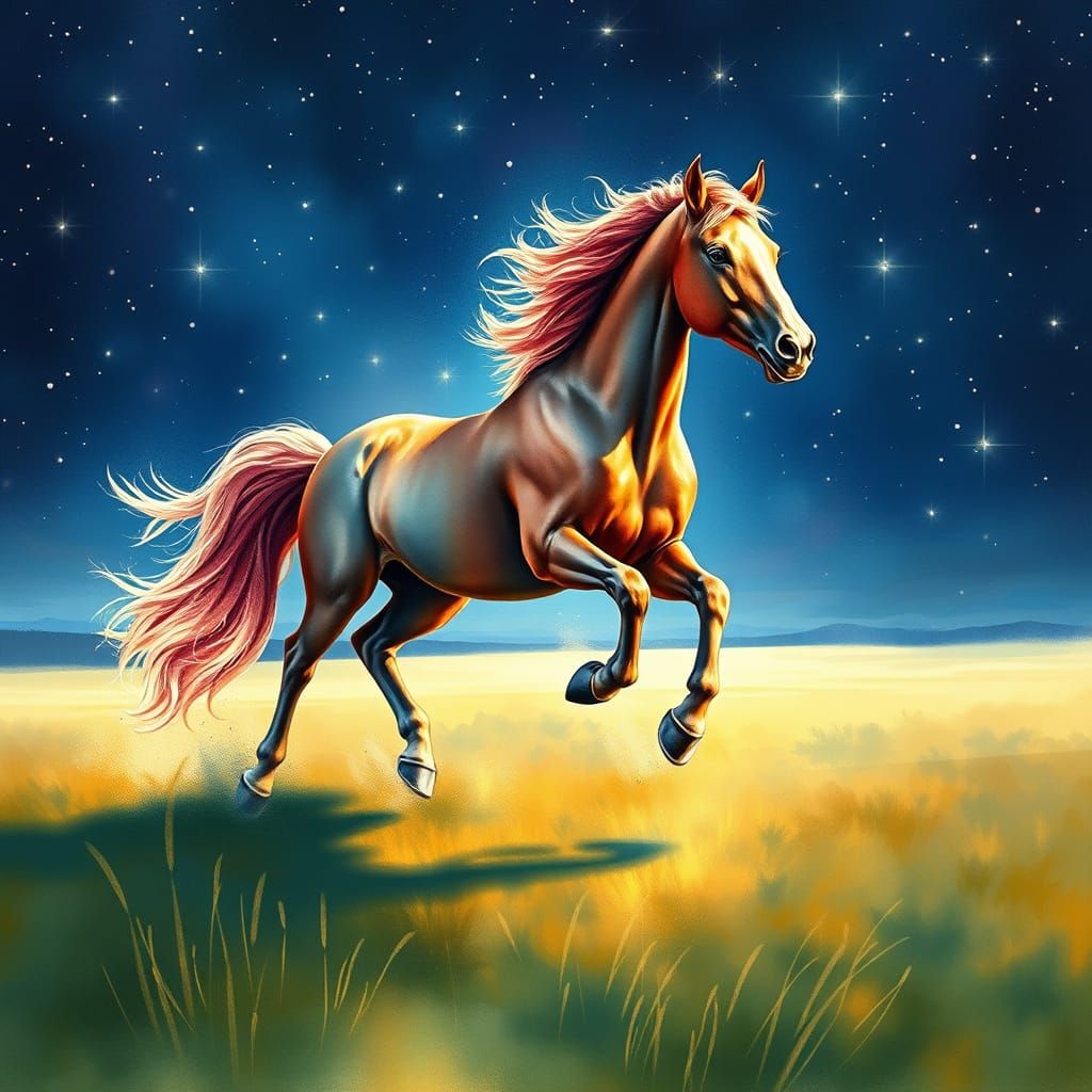 Majestic Stallion Runs Across Starlit Plain