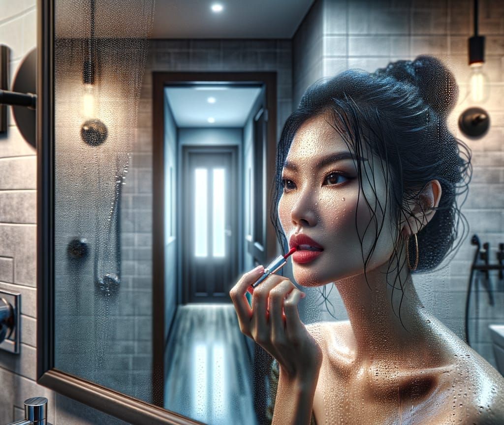 Southeast Asian Woman Applies Lipstick in Hyperrealistic Bat...