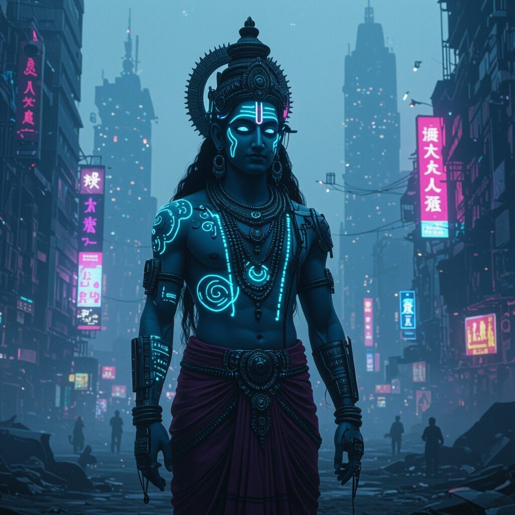 A biopunk reimagining of a Hindu deity, with intricate cyber...