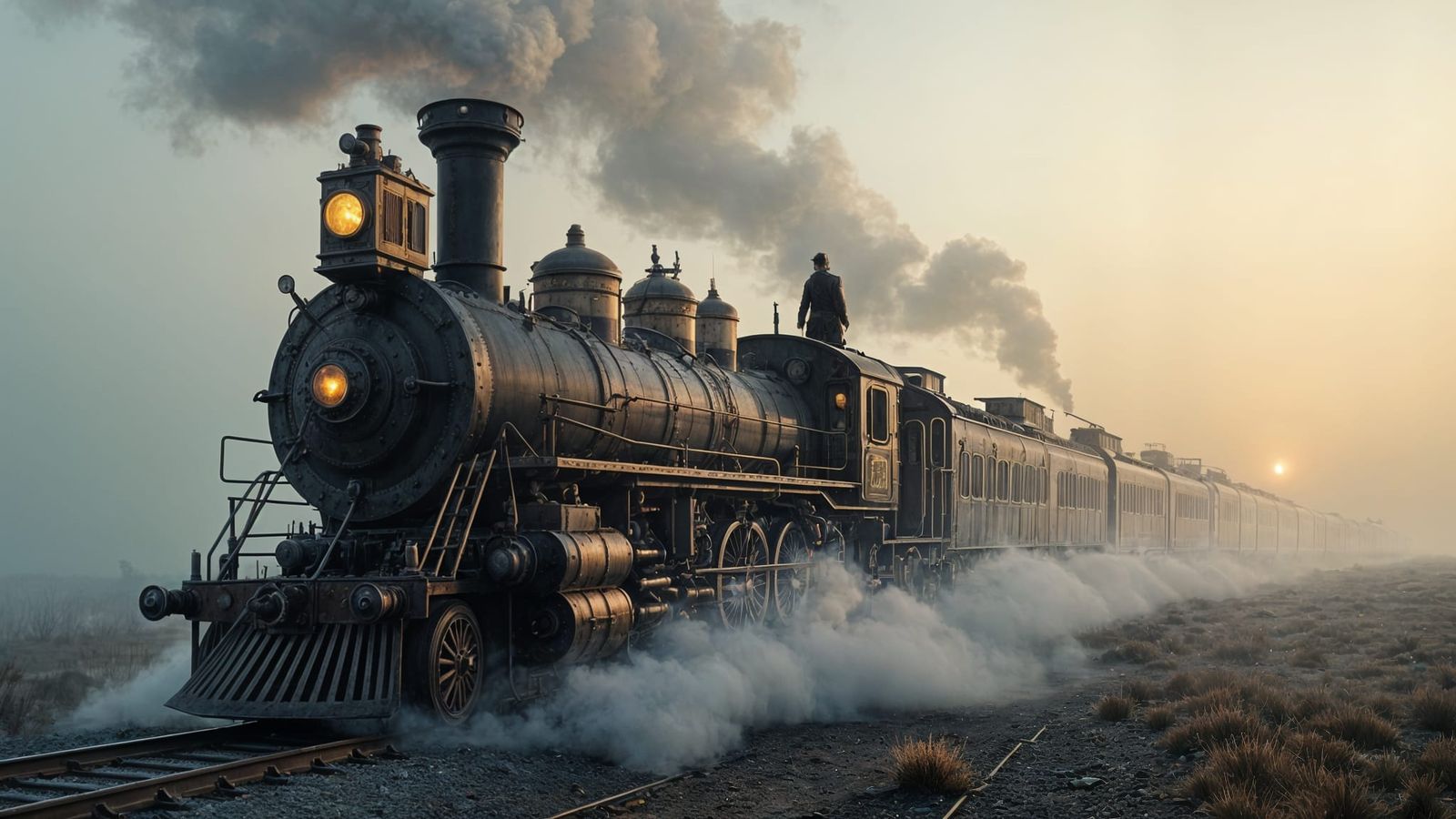 Steampunk Samurai Stands on Train Chugging Through Dystopian...