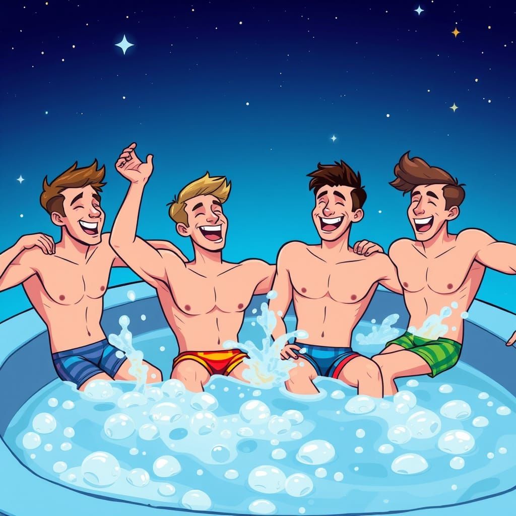 Joyful Friends Laughing in Starry Night Hot Tub