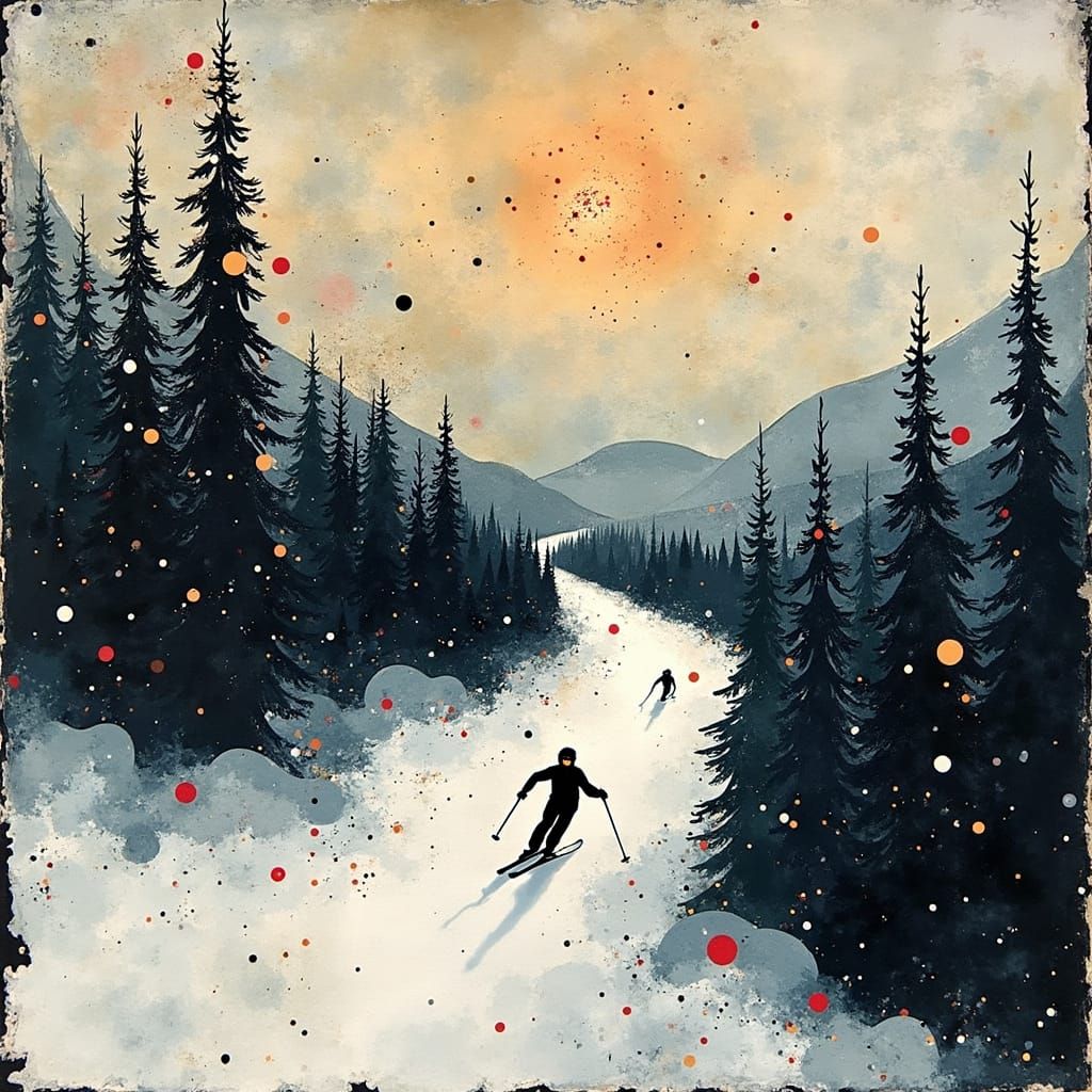 Constructivist Skiing Scene in Moody Dark Colors