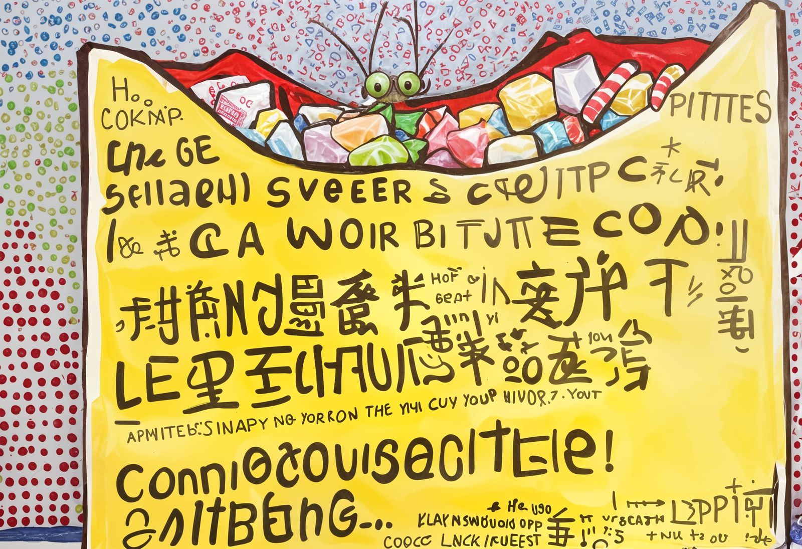 Advert-Laden Candy Pile Topped by Cockroach