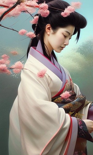 Japanese Goddess in Vibrant Kimono Amidst Cherry Blossoms