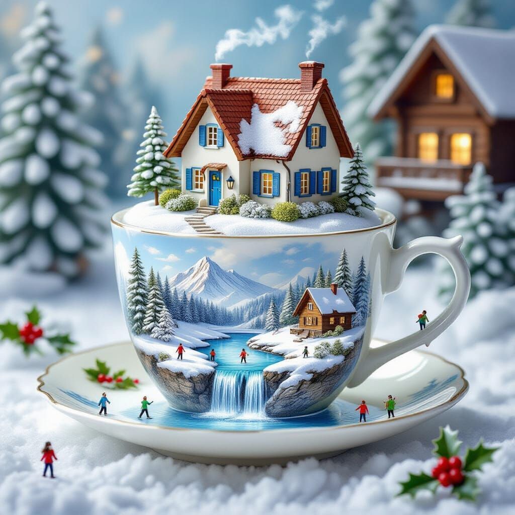 Miniature World in Teacup: Fantasy Cottage Scene