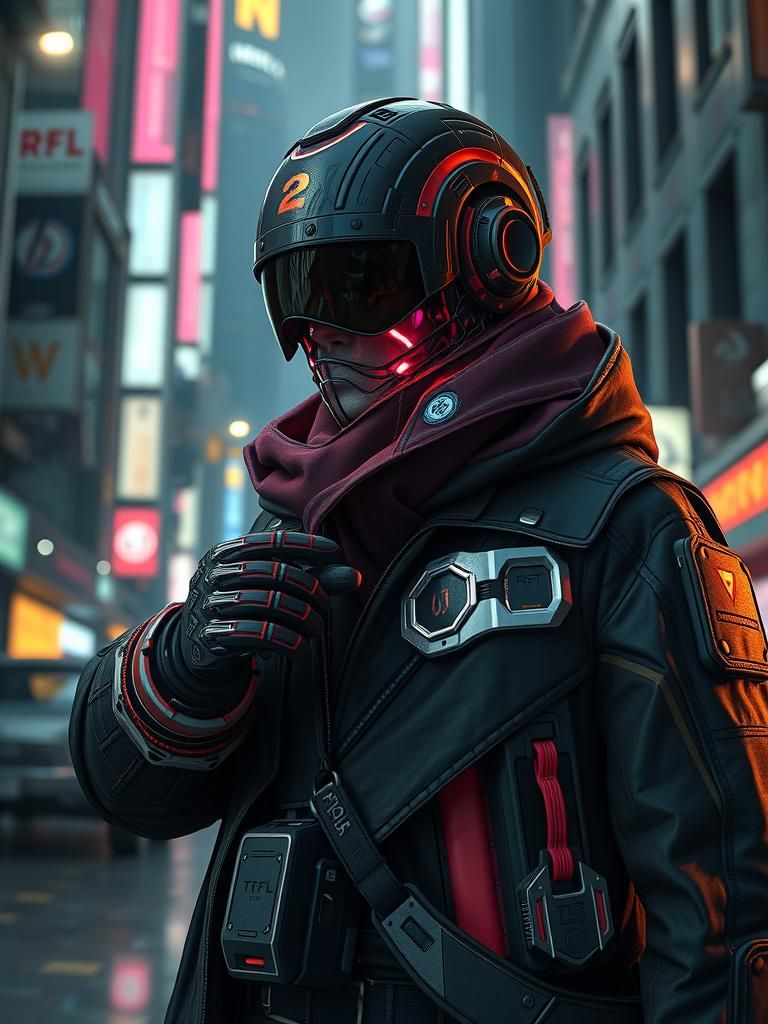 Cyborg Detective in Neon Dystopian City, Cyberpunk 2099 Styl...