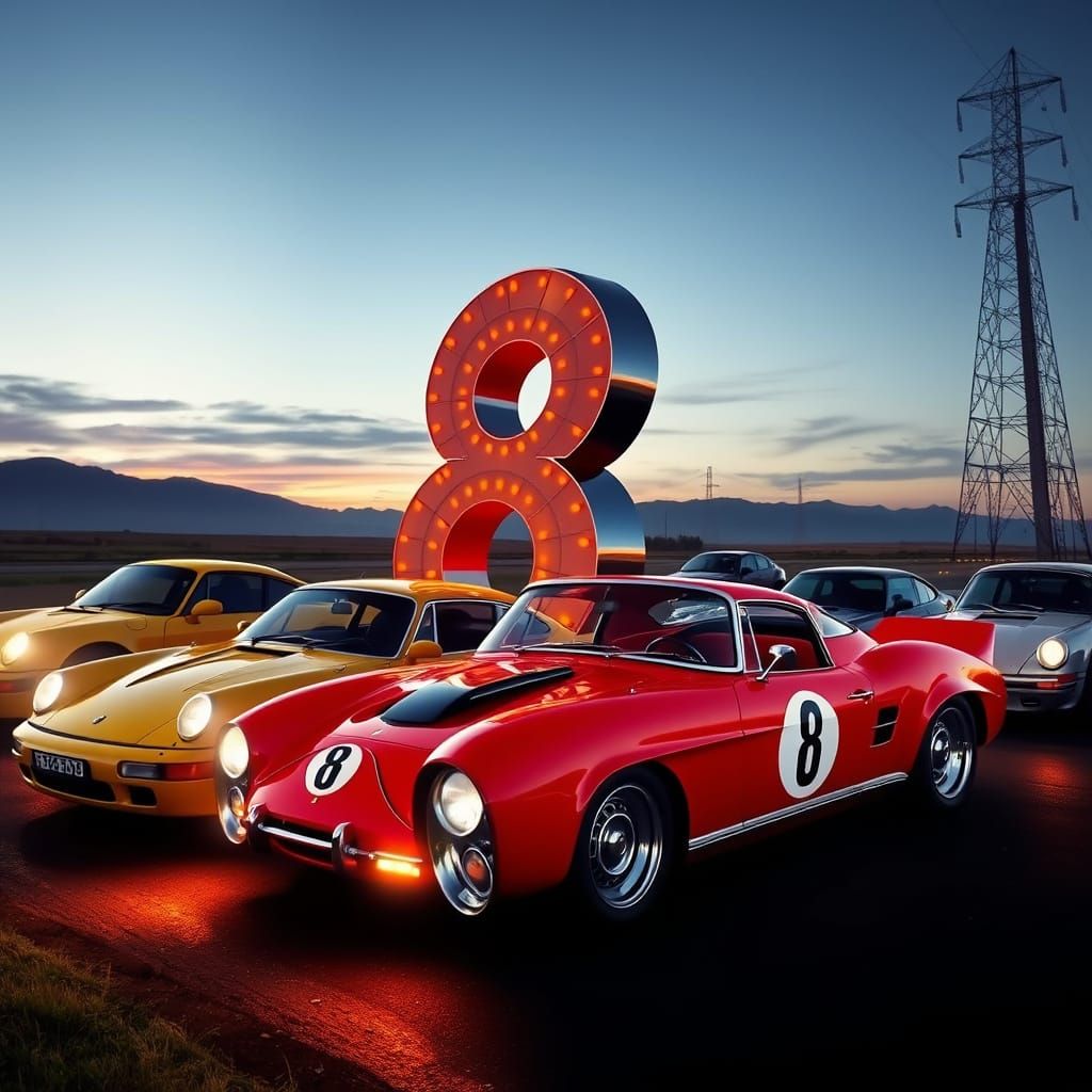 Vibrant Number 8 Icon Surrounded by Speeding Cars