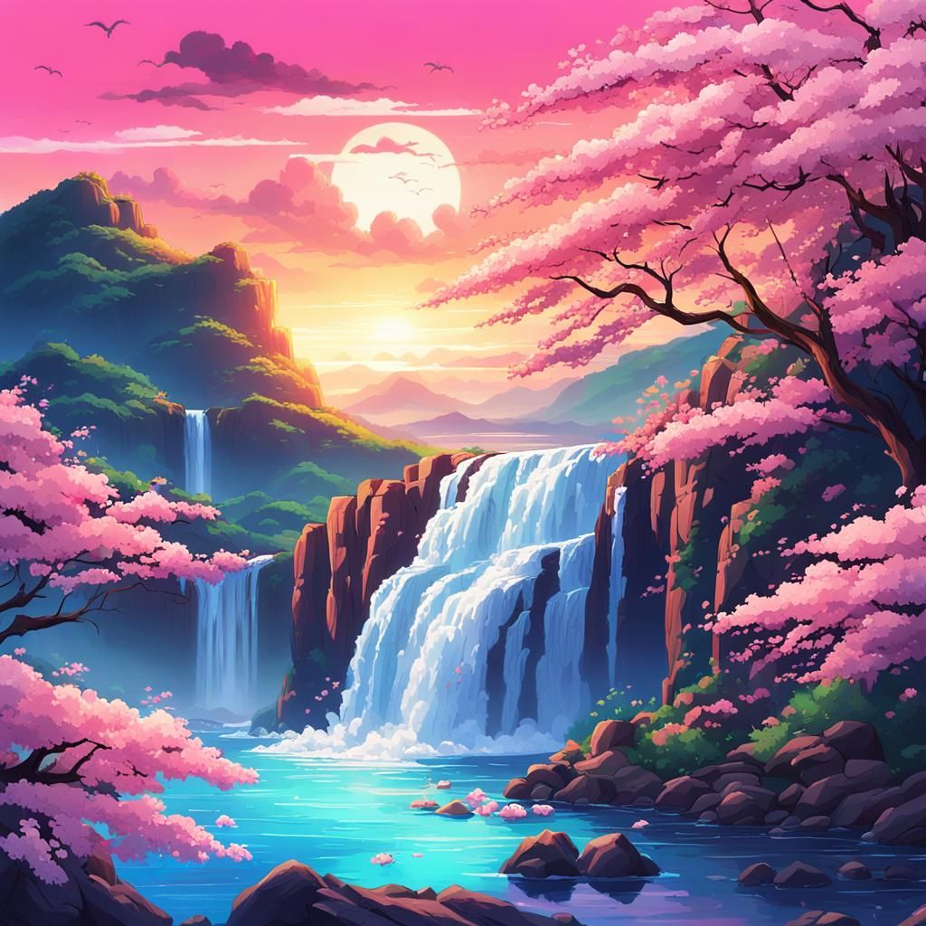 Ocean Waterfall with Cherry Blossoms in Anime Style